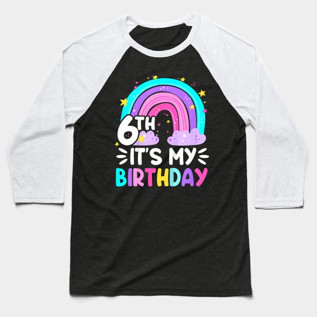 Kids 6 Six Year Old 6Th Birthday Kid Rainbow Party Family Baseball T-Shirt by MaciGalloway3